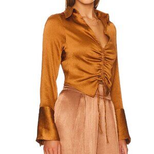 Free People Women's Poly Stretch Textured Ruched Front Long Sleeves Top - L